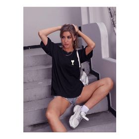 Trendseninle Kalp Baskılı Siyah Oversize Kadın T-shirt