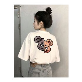Trendseninle Karikatür Ayı Baskılı Beyaz Oversize Kadın T-shirt