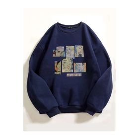 Trendseninle Karikatür Baskılı Lacivert Oversize Kadın Sweatshirt