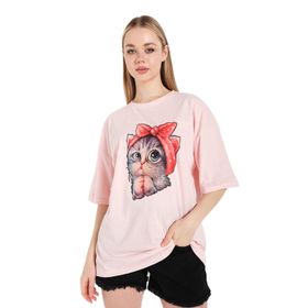 Trendseninle Kedi Baskılı Pudra Pembe Oversize Kadın T-shirt