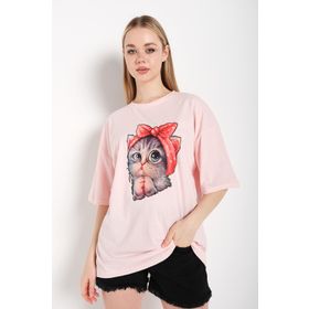Trendseninle Kedi Baskılı Pudra Pembe Oversize Kadın T-shirt