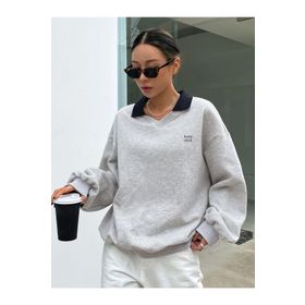Trendseninle Keep Calm Baskılı Gri Oversize Yakalı Kadın Sweatshirt