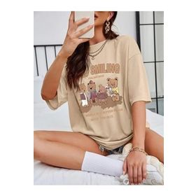 Trendseninle Keep Smiling Bej Oversize Bisiklet Yaka Kadın T-shirt