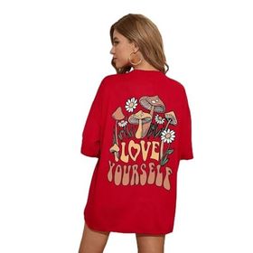 Trendseninle Kırmızı Love Yourself Baskılı Kırmızı Oversize Kadın T-shirt