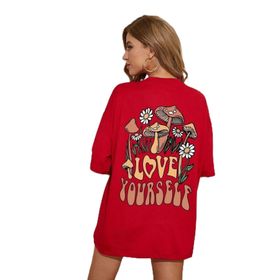 Trendseninle Kırmızı Love Yourself Baskılı Kırmızı Oversize Kadın T-shirt