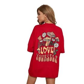 Trendseninle Kırmızı Love Yourself Baskılı Kırmızı Oversize Kadın T-shirt