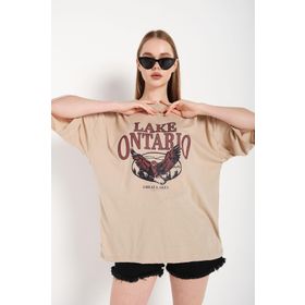 Trendseninle Lake Ontario Baskılı Vizon Oversize Kadın T-shirt