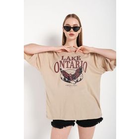 Trendseninle Lake Ontario Baskılı Vizon Oversize Kadın T-shirt