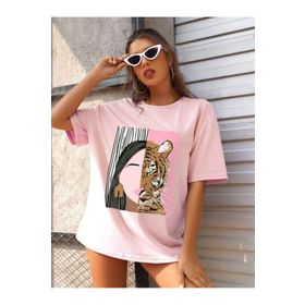 Trendseninle Leopar Baskılı Pudra Pembe Oversize Kadın T-shirt