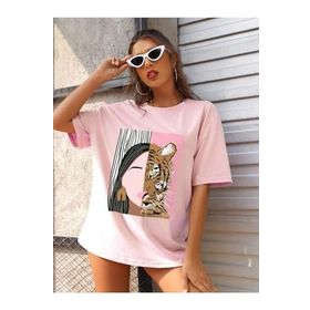 Trendseninle Leopar Baskılı Pudra Pembe Oversize Kadın T-shirt