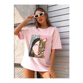 Trendseninle Leopar Baskılı Pudra Pembe Oversize Kadın T-shirt