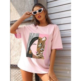 Trendseninle Leopar Baskılı Pudra Pembe Oversize Kadın T-shirt