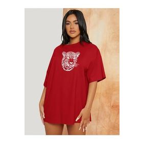 Trendseninle Leopar Figür Baskılı Kırmızı Oversize Kadın T-shirt
