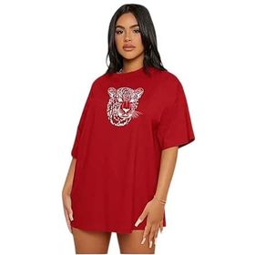 Trendseninle Leopar Figür Baskılı Kırmızı Oversize Kadın T-shirt
