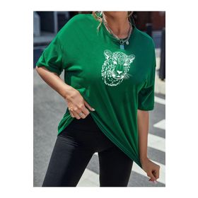 Trendseninle Leopar Figür Baskılı Yeşil Oversize Kadın T-shirt