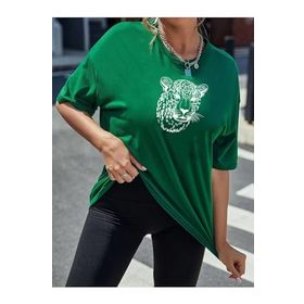 Trendseninle Leopar Figür Baskılı Yeşil Oversize Kadın T-shirt