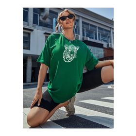 Trendseninle Leopar Figür Baskılı Yeşil Oversize Kadın T-shirt