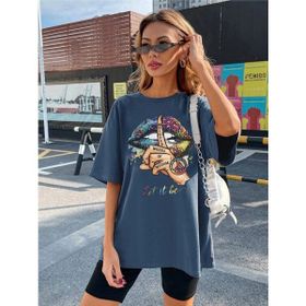 Trendseninle Let It Be Baskılı İndigo Oversize Kadın T-shirt