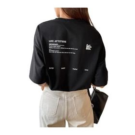 Trendseninle Life Attitude Baskılı Siyah Oversize Kadın T-shirt