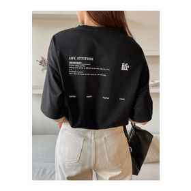 Trendseninle Life Attitude Baskılı Siyah Oversize Kadın T-shirt