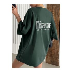 Trendseninle Limited Time Baskılı Nefti Yeşili Oversize Kadın T-shirt