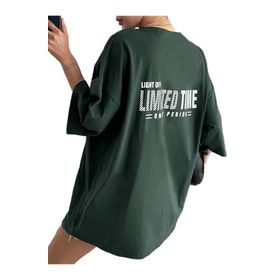 Trendseninle Limited Time Baskılı Nefti Yeşili Oversize Kadın T-shirt
