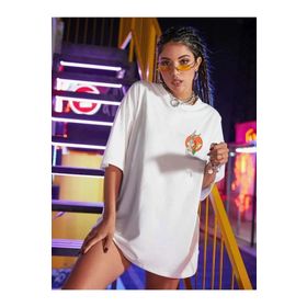 Trendseninle Logo Baskılı Açık Beyaz Oversize Kadın T-shirt