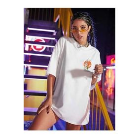 Trendseninle Logo Baskılı Açık Beyaz Oversize Kadın T-shirt
