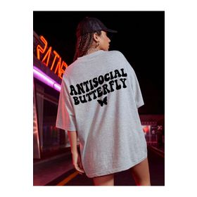 Trendseninle Logo Baskılı Antisocial Butterfly Gri Kadın T-shirt
