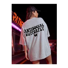 Trendseninle Logo Baskılı Antisocial Butterfly Gri Kadın T-shirt