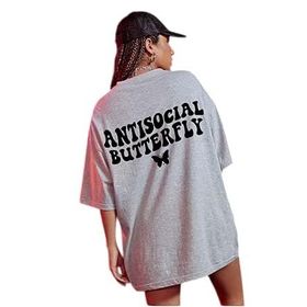 Trendseninle Logo Baskılı Antisocial Butterfly Gri Kadın T-shirt