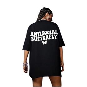 Trendseninle Logo Baskılı Antisocial Butterfly Siyah Kadın T-shirt