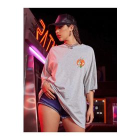 Trendseninle Logo Baskılı Gri Oversize Kadın T-shirt