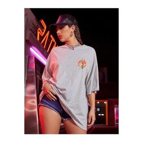 Trendseninle Logo Baskılı Gri Oversize Kadın T-shirt