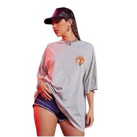 Trendseninle Logo Baskılı Gri Oversize Kadın T-shirt