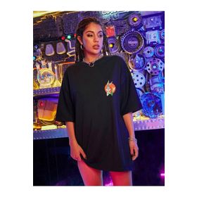 Trendseninle Logo Baskılı Siyah Oversize Kadın T-shirt