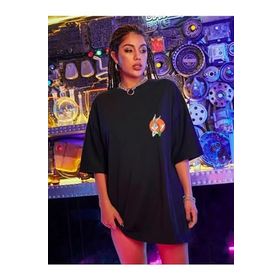 Trendseninle Logo Baskılı Siyah Oversize Kadın T-shirt