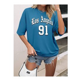 Trendseninle Los Angeles 91 Baskılı İndigo Mavi Oversize Kadın T-shirt