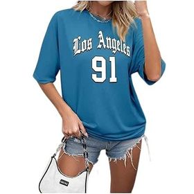 Trendseninle Los Angeles 91 Baskılı İndigo Mavi Oversize Kadın T-shirt