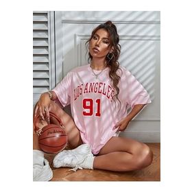 Trendseninle Los Angeles 91 Baskılı Pembe Pudra Oversize Kadın T-shirt
