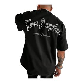 Trendseninle Los Angeles Forever Freedom Baskılı Siyah Oversize Erkek T-shirt