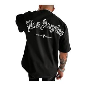 Trendseninle Los Angeles Forever Freedom Baskılı Siyah Oversize Erkek T-shirt