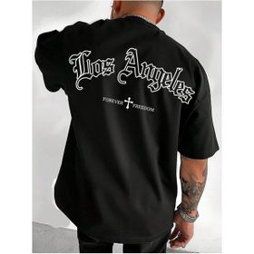 Trendseninle Los Angeles Forever Freedom Baskılı Siyah Oversize Erkek T-shirt
