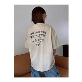Trendseninle Love Love Love Baskılı Bej Oversize Kadın T-shirt