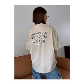 Trendseninle Love Love Love Baskılı Bej Oversize Kadın T-shirt