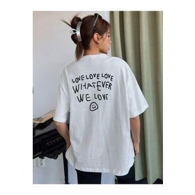Trendseninle Love Love Love Baskılı Beyaz Oversize Kadın T-shirt