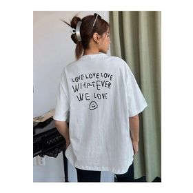 Trendseninle Love Love Love Baskılı Beyaz Oversize Kadın T-shirt