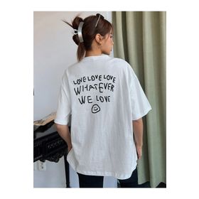 Trendseninle Love Love Love Baskılı Beyaz Oversize Kadın T-shirt