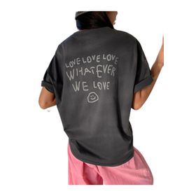 Trendseninle Love Love Love Baskılı Füme Oversize Kadın T-shirt