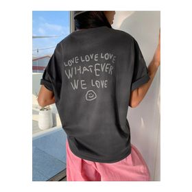 Trendseninle Love Love Love Baskılı Füme Oversize Kadın T-shirt